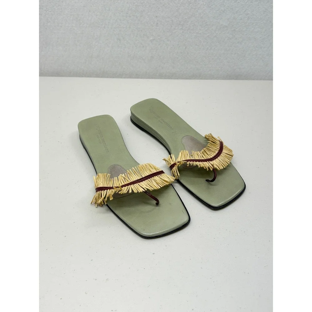 Sigerson Morrison Green Leather Raffia Fringe Thong Flat Sandals Square Toe 9